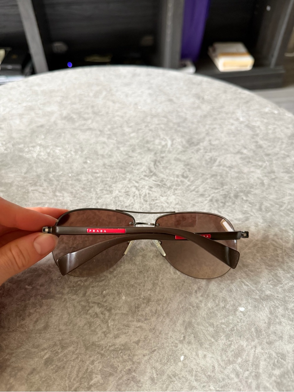 Prada Brown Metal Aviator Sunglasses with Red Temple Accents